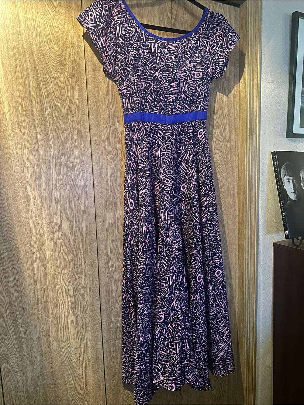Women’s Vintage Purple Printed Fit-and-Flare Dress with Pink Accents